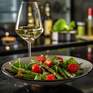 Grüner Spargelsalat mit Cherrytomaten an Himbeervinaigrette
