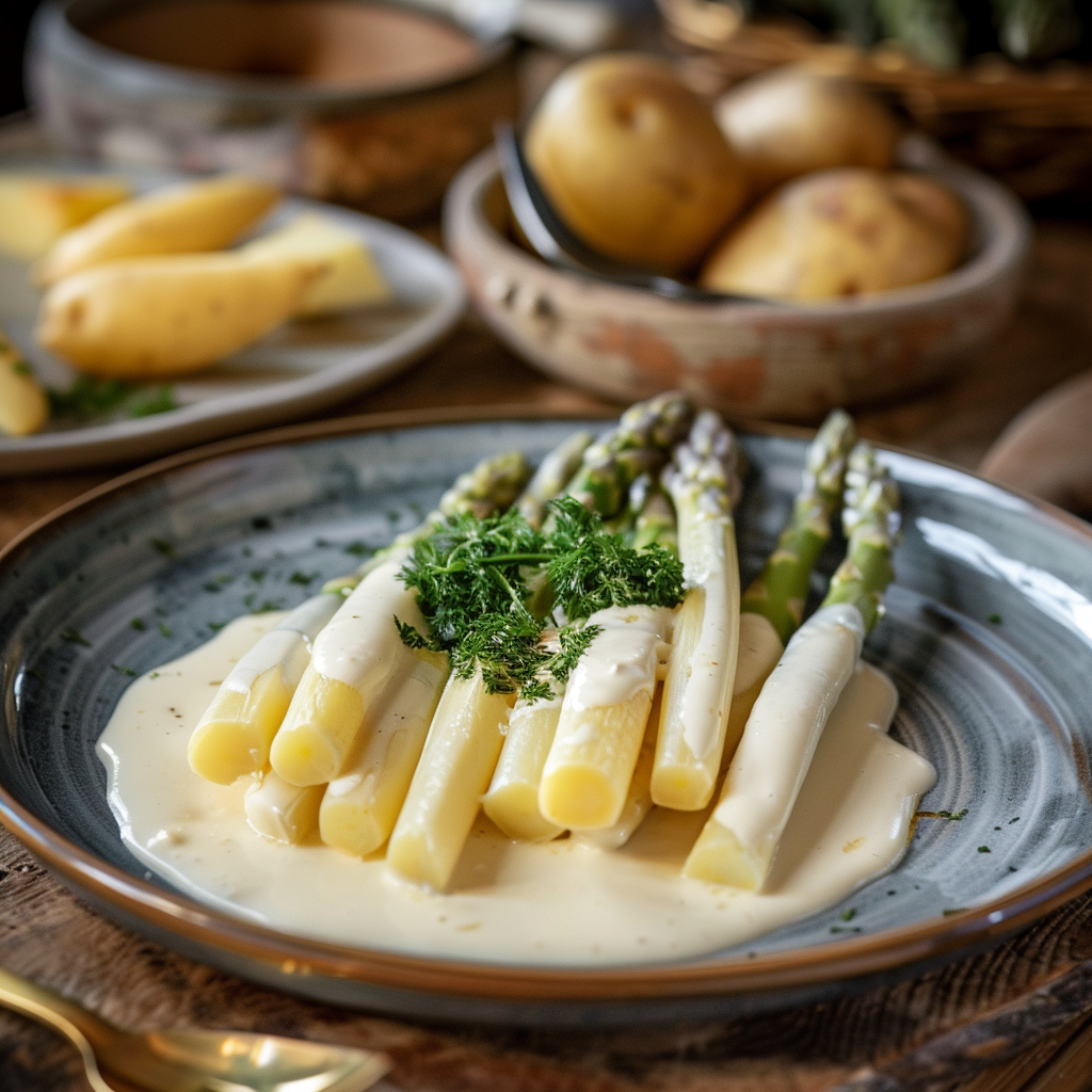 Weißer Spargel mit Sauce Hollandaise und Kartoffeln